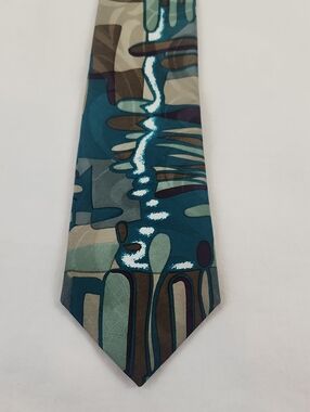 Men's Teal Abstract Pattern Silk Tie Vintage? White Brown Plum Purple